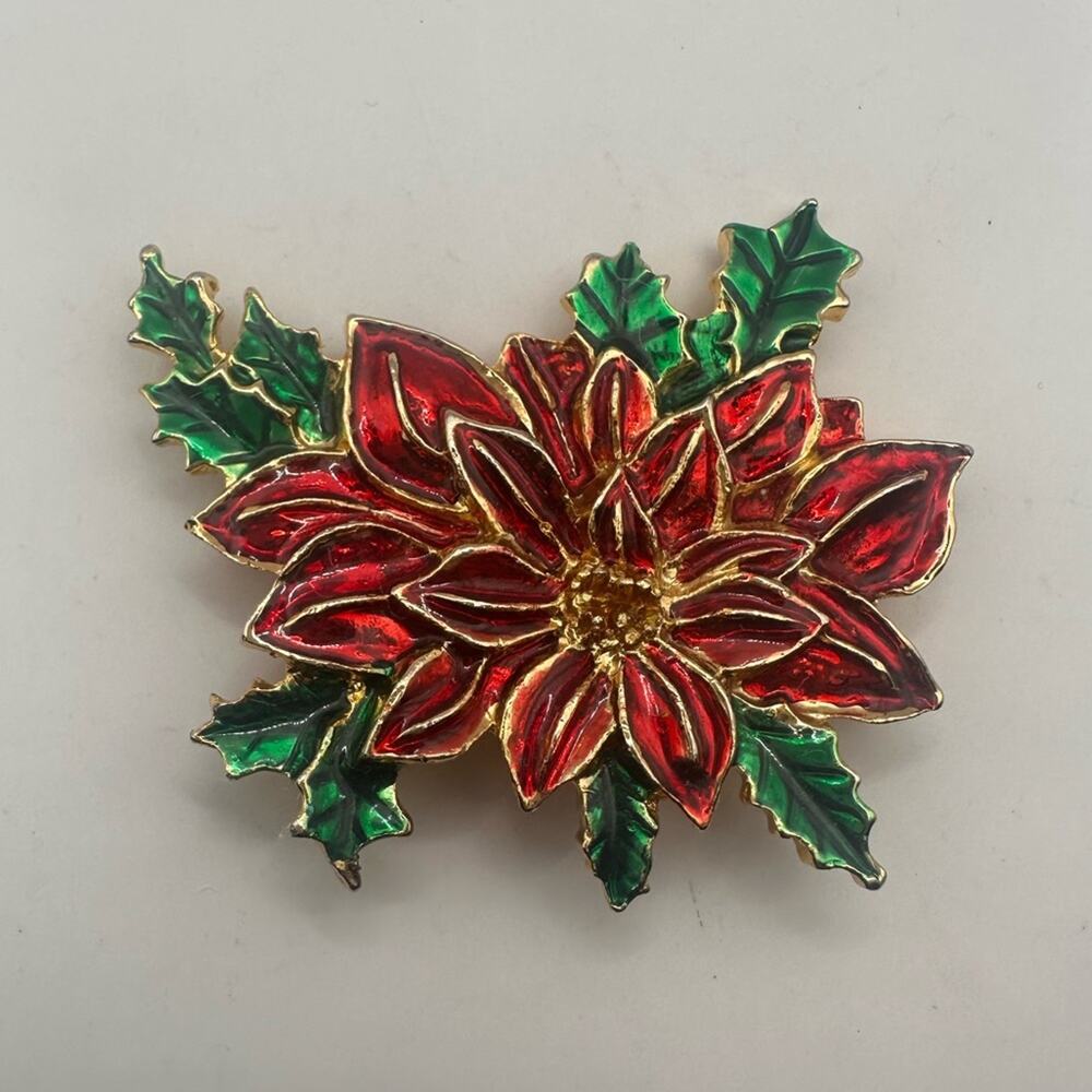 Christmas Poinsettia Pin Red Green Brooch Holiday Xmas Costume Jewelry